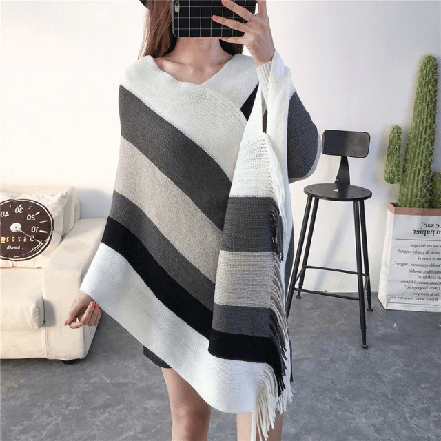 Warme Gestreepte Dames Poncho