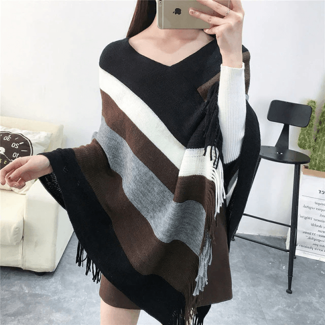 Warme Gestreepte Dames Poncho