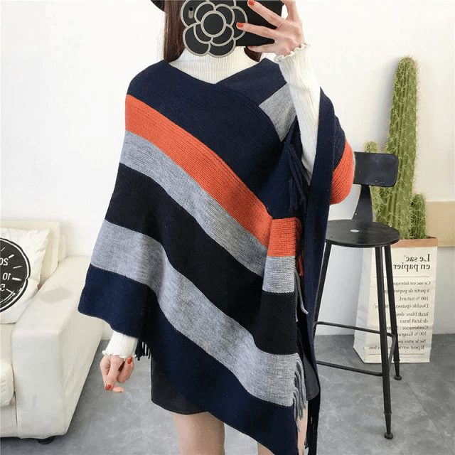 Warme Gestreepte Dames Poncho