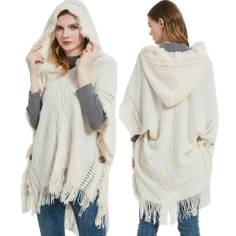 Witte Kabelgebreide Poncho met Capuchon Herfst-Winter