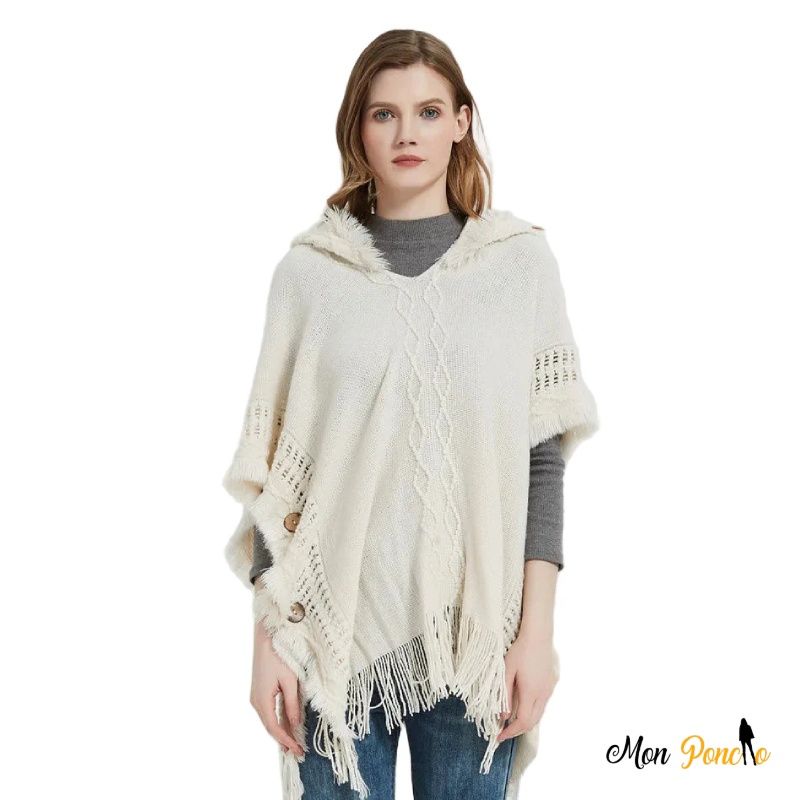 Witte Kabelgebreide Poncho met Capuchon Herfst-Winter