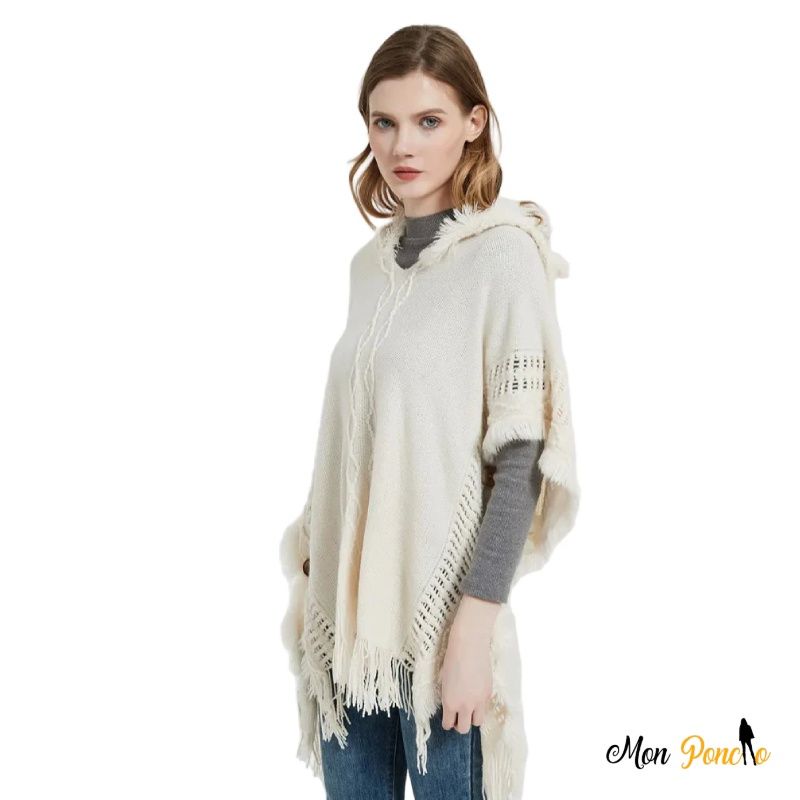 Witte Kabelgebreide Poncho met Capuchon Herfst-Winter