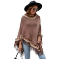 Bohemien Poncho met Bontkraag en Franjes Taupe