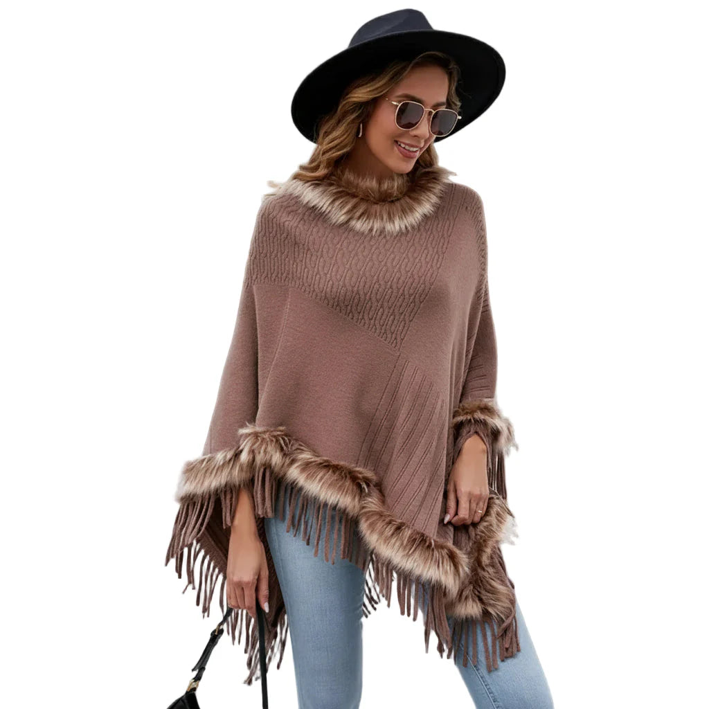 Bohemien Poncho met Bontkraag en Franjes Taupe