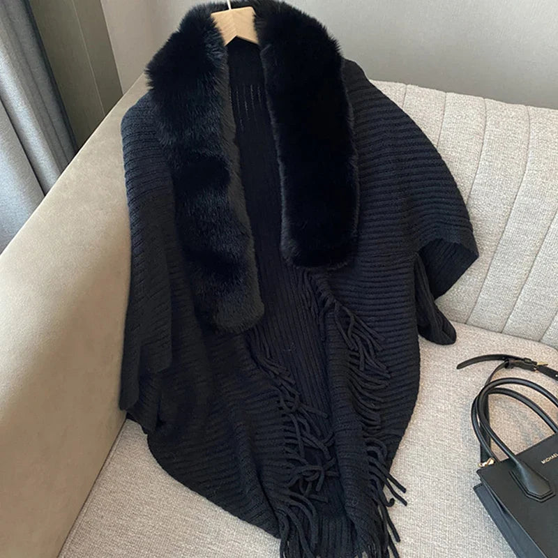 Poncho Cardigan Dik Gebreid Open Voorkant