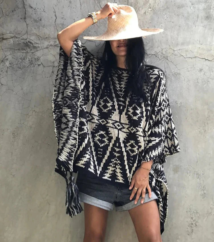 Poncho Azteken Geometrische Motieven Zwart Wit