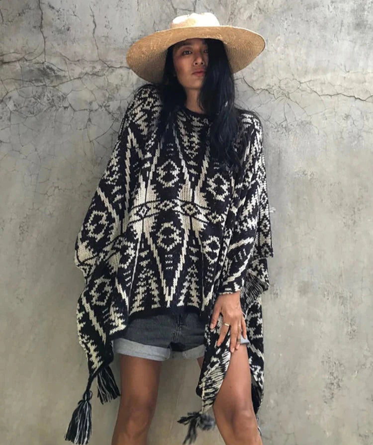 Poncho Azteken Geometrische Motieven Zwart Wit