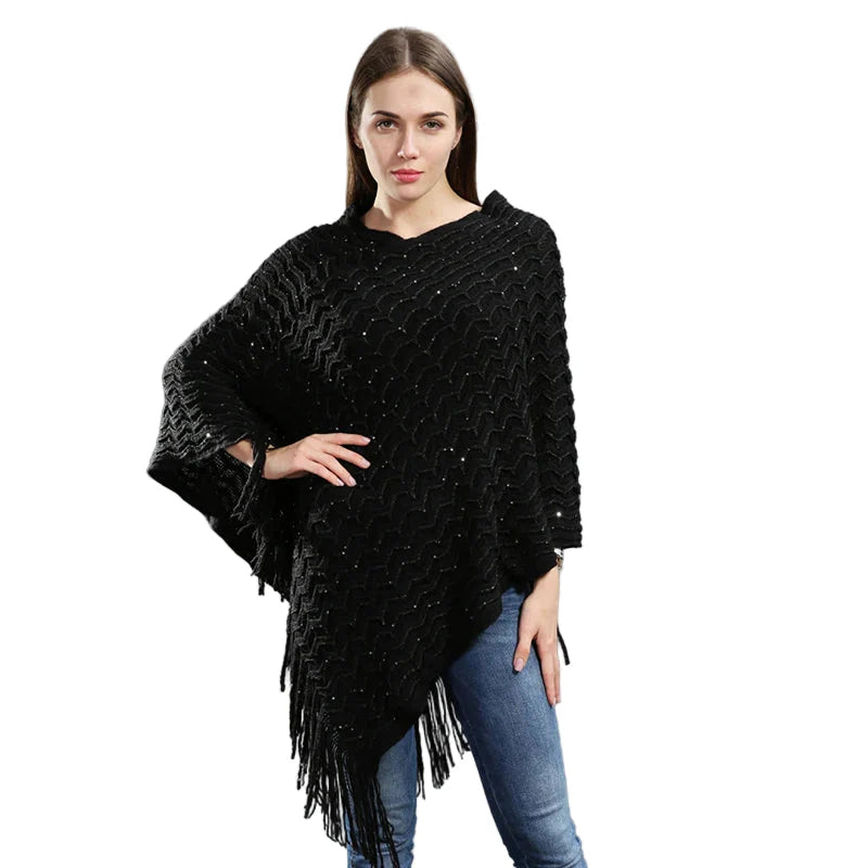 Pailletten Poncho Asymmetrisch Gebreid met Lange Franjes