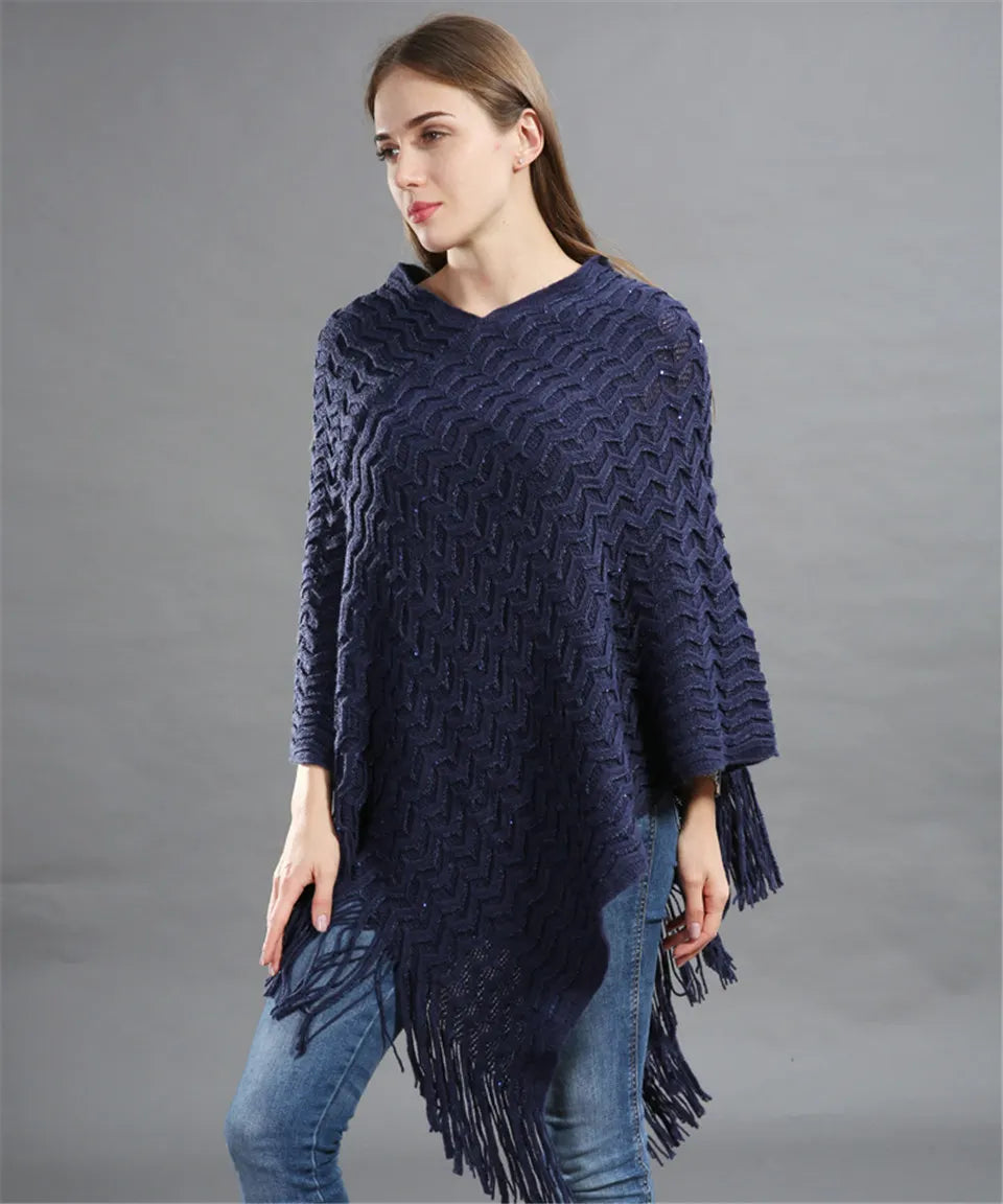 Pailletten Poncho Asymmetrisch Gebreid met Lange Franjes