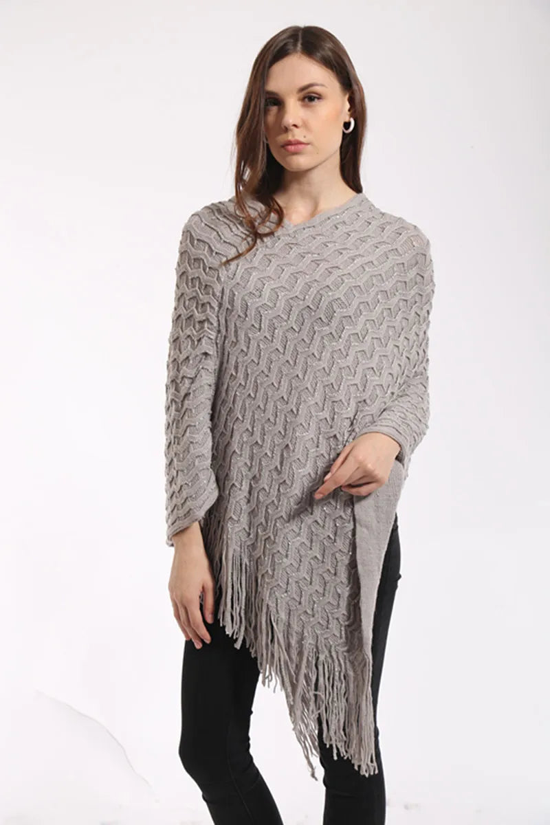 Pailletten Poncho Asymmetrisch Gebreid met Lange Franjes