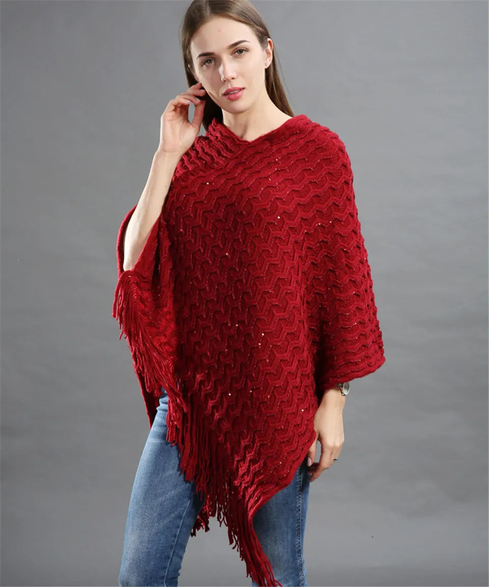 Pailletten Poncho Asymmetrisch Gebreid met Lange Franjes