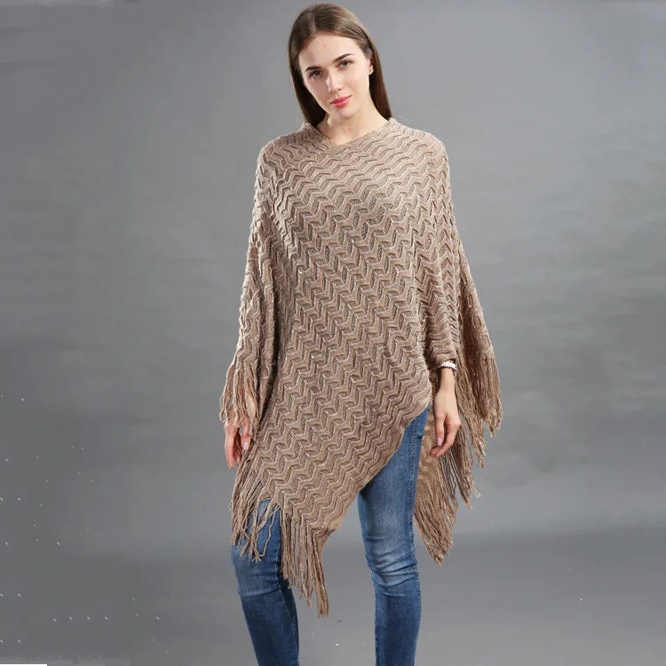 Pailletten Poncho Asymmetrisch Gebreid met Lange Franjes