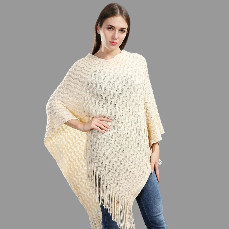 Pailletten Poncho Asymmetrisch Gebreid met Lange Franjes