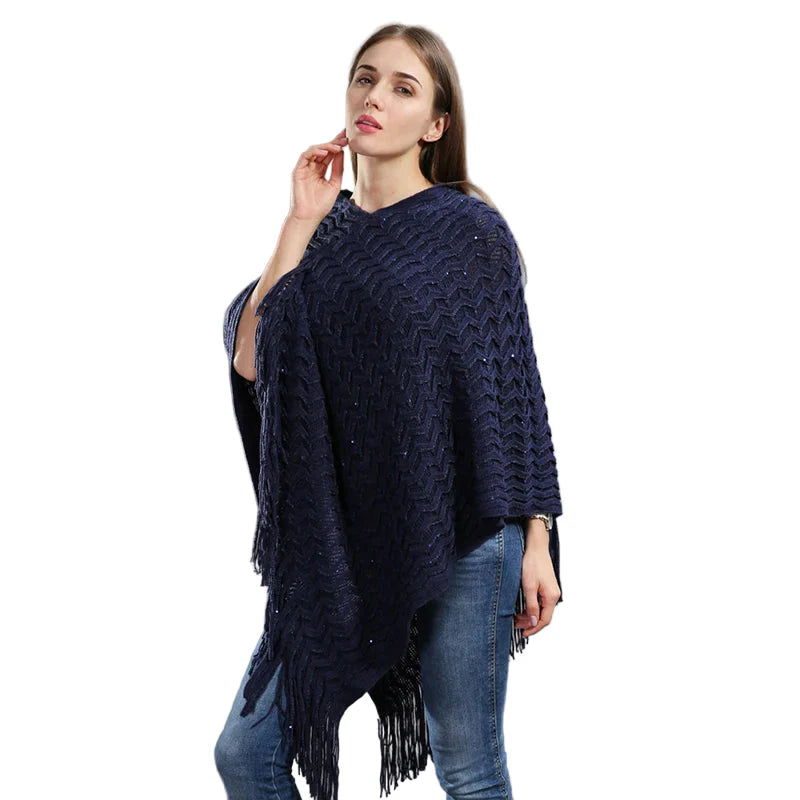 Pailletten Poncho Asymmetrisch Gebreid met Lange Franjes