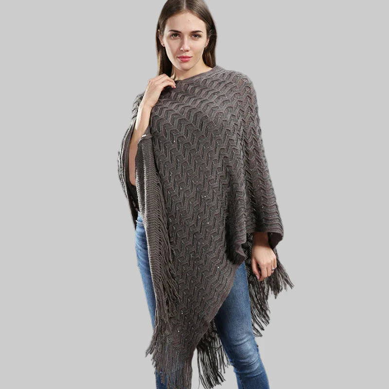 Pailletten Poncho Asymmetrisch Gebreid met Lange Franjes