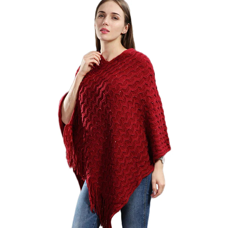 Pailletten Poncho Asymmetrisch Gebreid met Lange Franjes