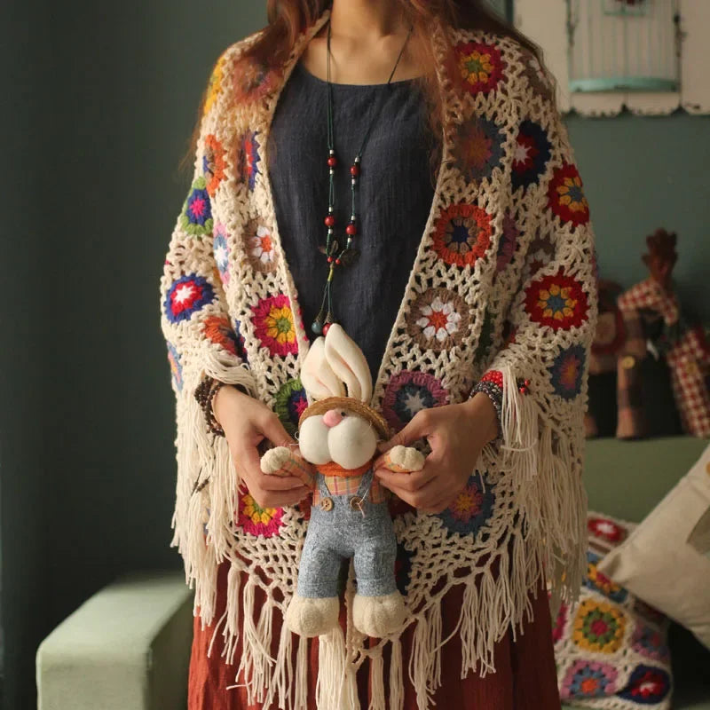 Retro Gehaakte Poncho Granny Squares Kleurrijk