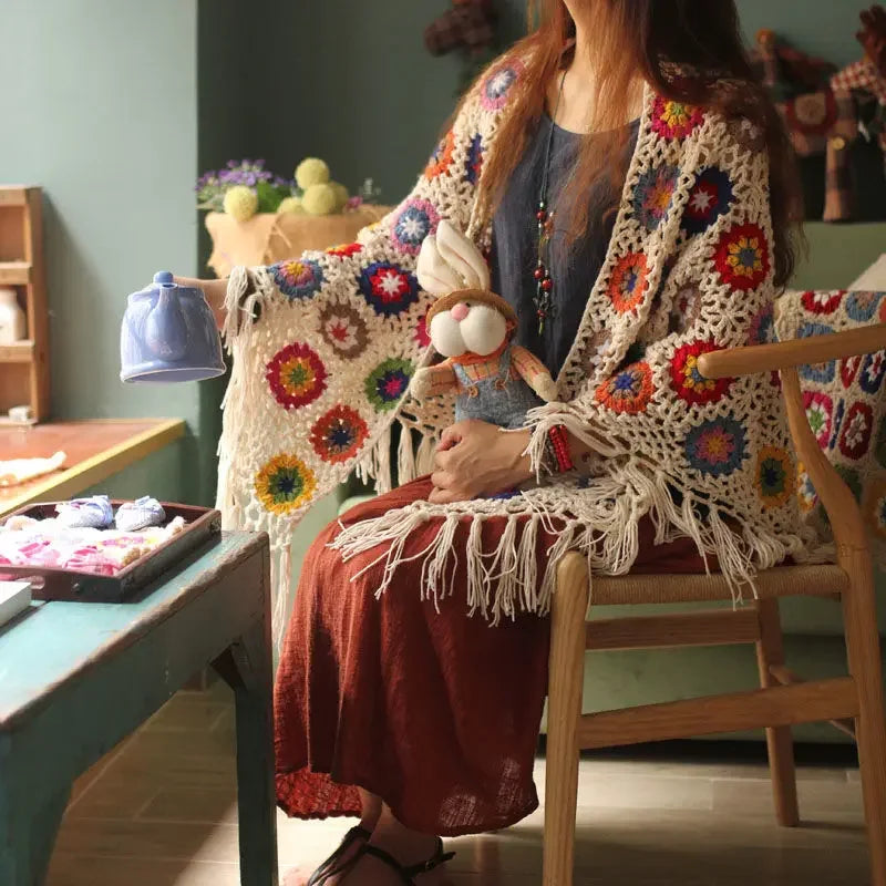Retro Gehaakte Poncho Granny Squares Kleurrijk