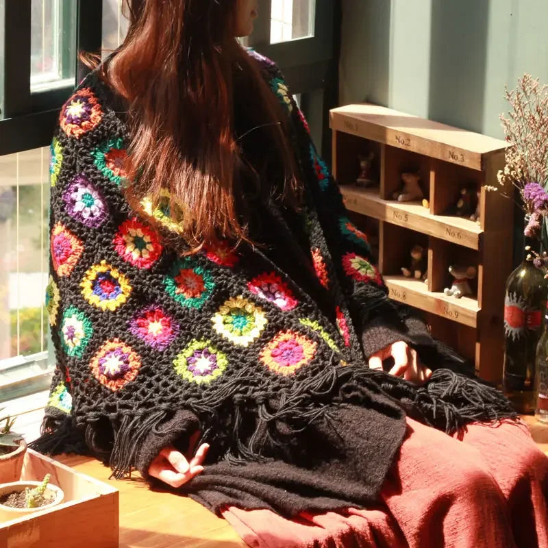 Retro Gehaakte Poncho Granny Squares Kleurrijk