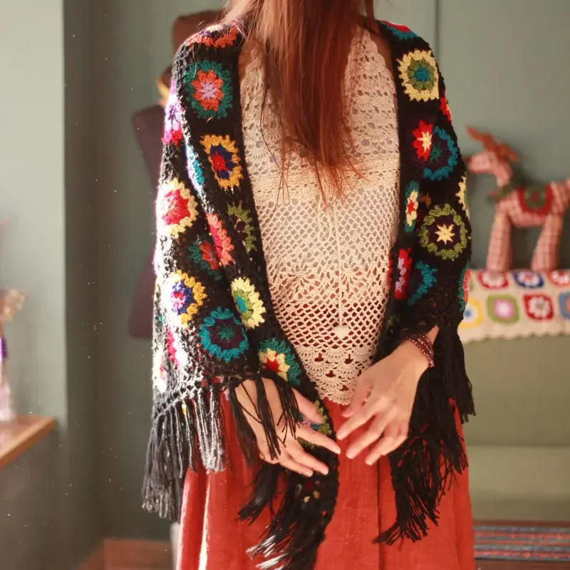 Retro Gehaakte Poncho Granny Squares Kleurrijk