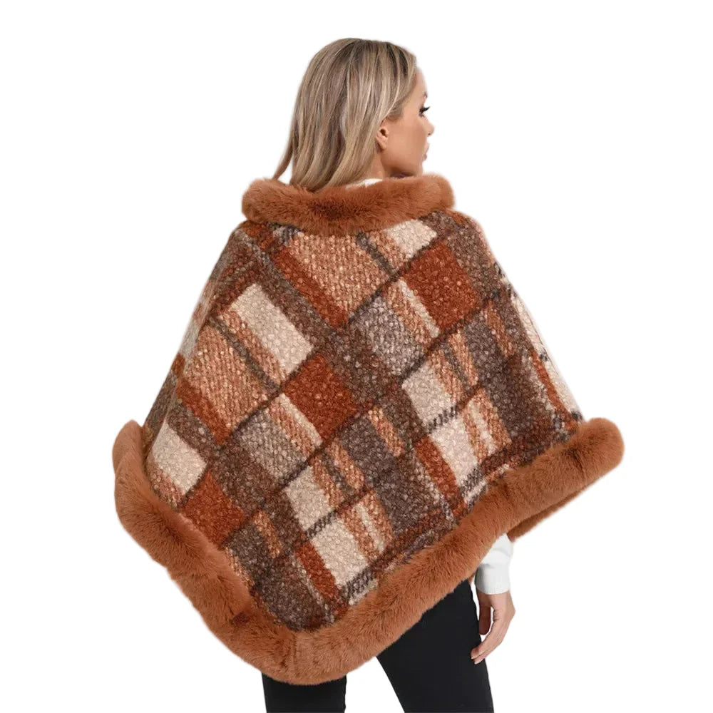 Dames Poncho Jacquard Gebreid met Bont Winter