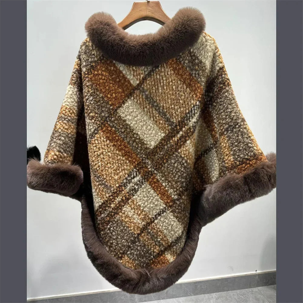 Dames Poncho Jacquard Gebreid met Bont Winter