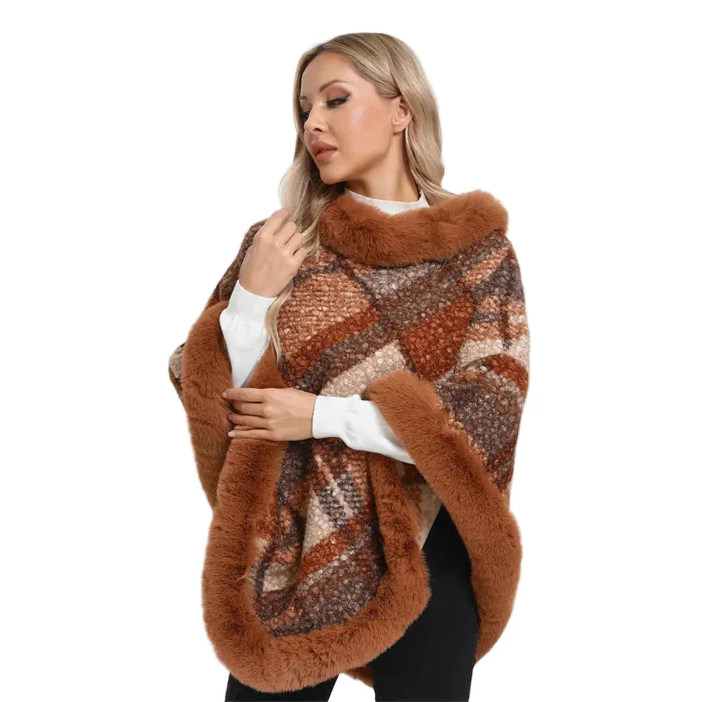 Dames Poncho Jacquard Gebreid met Bont Winter