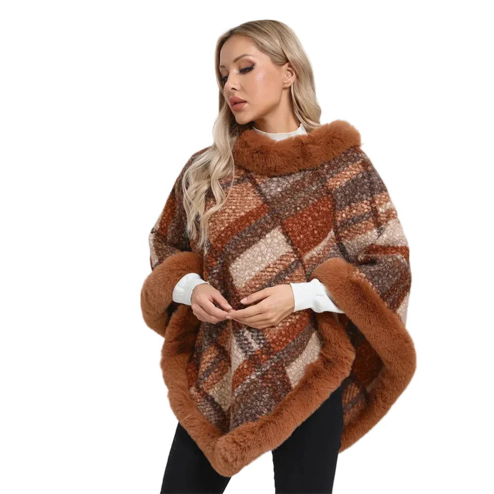 Dames Poncho Jacquard Gebreid met Bont Winter