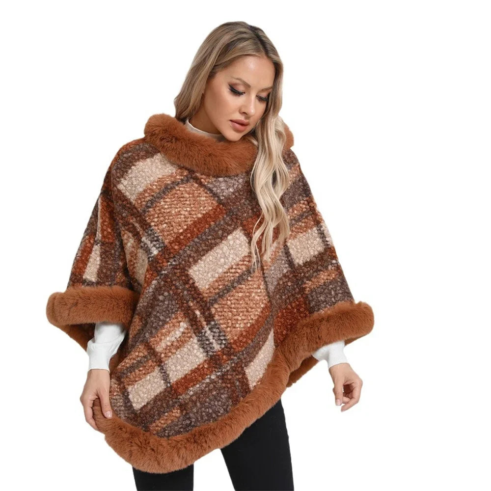 Dames Poncho Jacquard Gebreid met Bont Winter