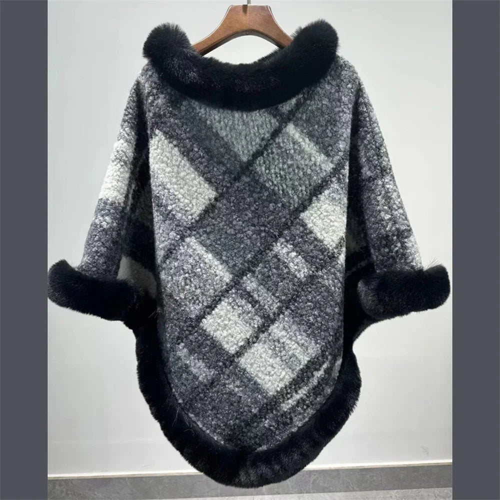 Dames Poncho Jacquard Gebreid met Bont Winter