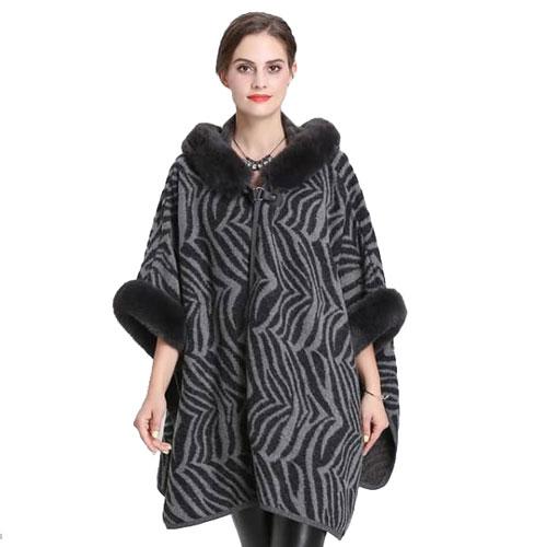 Dames Poncho met Bontkraag en Bontmouwen