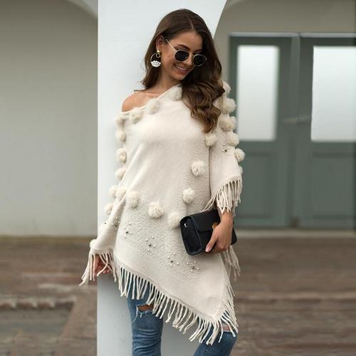 Dames Poncho met Pompons Katoen